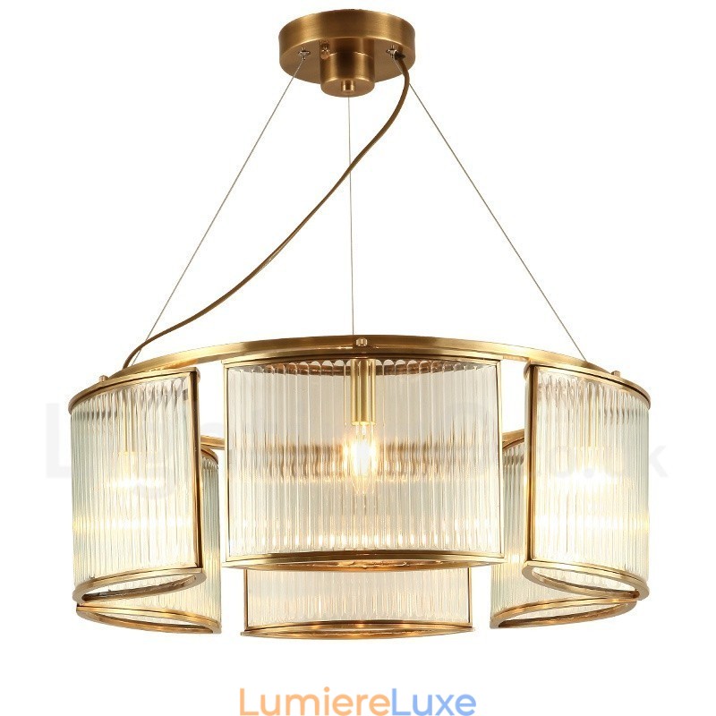Lustre suspendu de luxe rustique rétro à 6 lumières en laiton avec abat-jour en verre