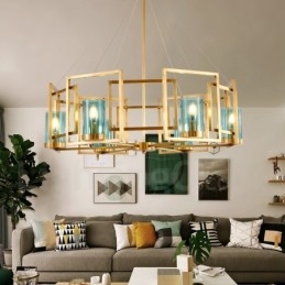Lustre suspendu de luxe rustique rétro à 6 lumières en laiton avec abat-jour en verre