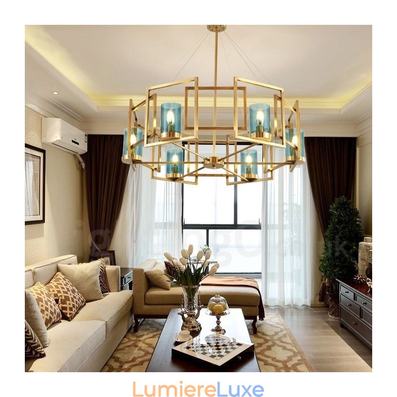 Lustre suspendu de luxe rustique rétro à 6 lumières en laiton avec abat-jour en verre