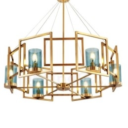 Lustre suspendu de luxe rustique rétro à 6 lumières en laiton avec abat-jour en verre