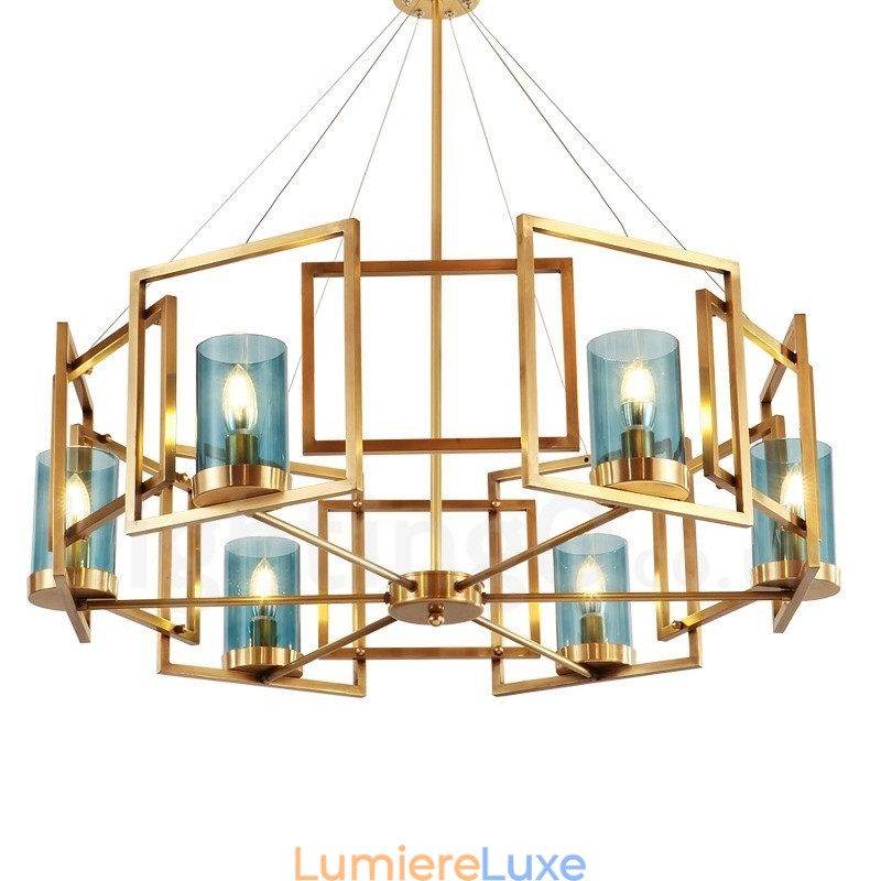 Lustre suspendu de luxe rustique rétro à 6 lumières en laiton avec abat-jour en verre