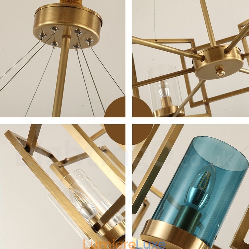 Lustre suspendu de luxe rustique rétro à 6 lumières en laiton avec abat-jour en verre
