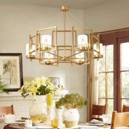 Lustre suspendu de luxe rustique rétro à 6 lumières en laiton avec abat-jour en verre