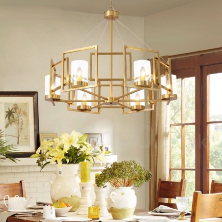 Lustre suspendu de luxe rustique rétro à 6 lumières en laiton avec abat-jour en verre Lustre suspendu de luxe rustique rétro à 6 lumières en laiton avec abat-jour en verre
