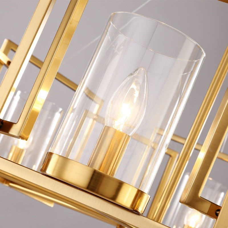 Lustre suspendu de luxe rustique rétro à 6 lumières en laiton avec abat-jour en verre