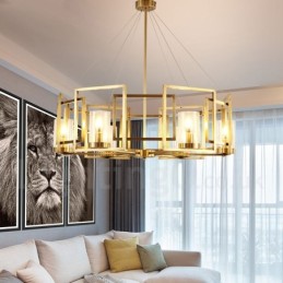 Lustre suspendu de luxe rustique rétro à 6 lumières en laiton avec abat-jour en verre