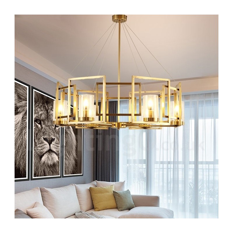 Lustre suspendu de luxe rustique rétro à 6 lumières en laiton avec abat-jour en verre