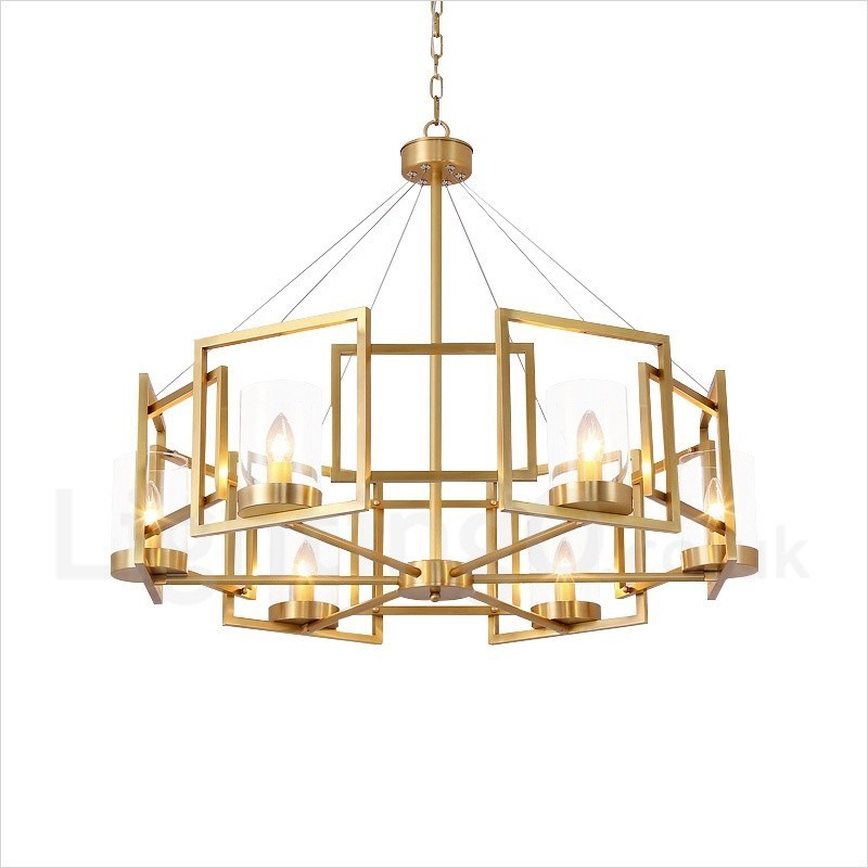 Lustre suspendu de luxe rustique rétro à 6 lumières en laiton avec abat-jour en verre