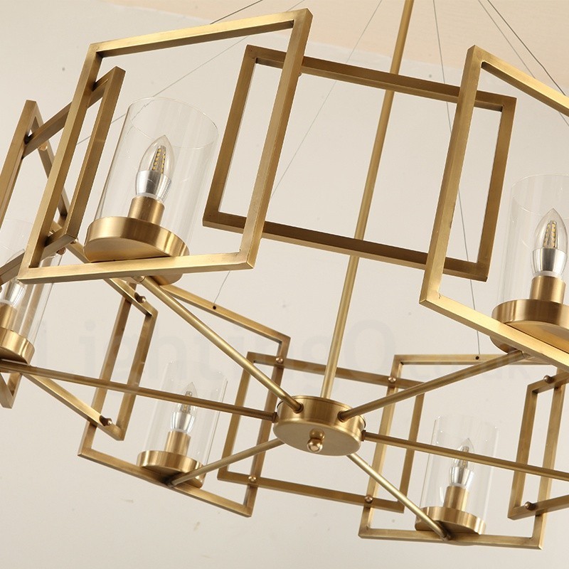 Lustre suspendu de luxe rustique rétro à 6 lumières en laiton avec abat-jour en verre