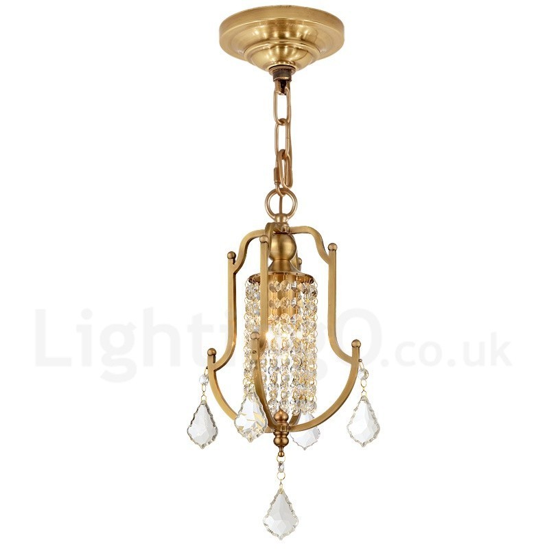 Lustre suspendu de luxe en laiton rustique rétro à 1 lumière avec abat-jour en cristal