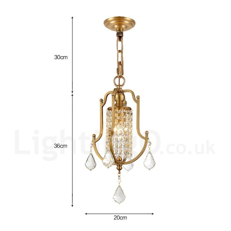 Lustre suspendu de luxe en laiton rustique rétro à 1 lumière avec abat-jour en cristal