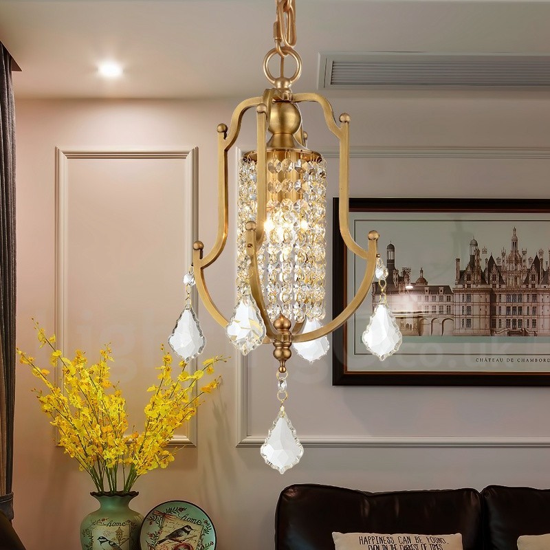Lustre suspendu de luxe en laiton rustique rétro à 1 lumière avec abat-jour en cristal