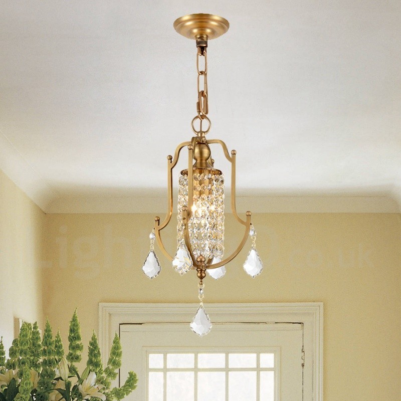 Lustre suspendu de luxe en laiton rustique rétro à 1 lumière avec abat-jour en cristal