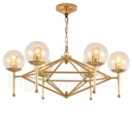 Lustre suspendu de luxe rustique rétro à 6 lumières en laiton avec abat-jour en verre