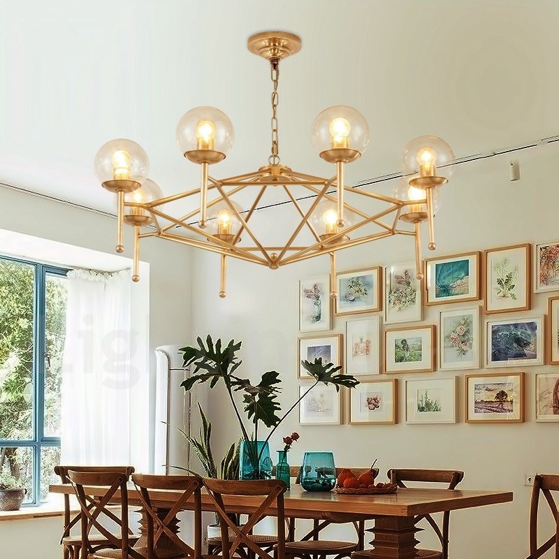 Lustre suspendu de luxe rustique rétro à 6 lumières en laiton avec abat-jour en verre