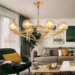 Lustre suspendu de luxe rustique rétro à 6 lumières en laiton avec abat-jour en verre