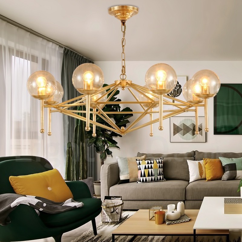 Lustre suspendu de luxe rustique rétro à 6 lumières en laiton avec abat-jour en verre
