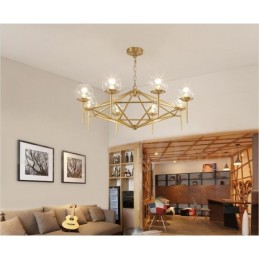 Lustre suspendu de luxe rustique rétro à 6 lumières en laiton avec abat-jour en verre