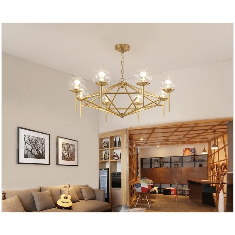 Lustre suspendu de luxe rustique rétro à 6 lumières en laiton avec abat-jour en verre