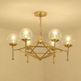 Lustre suspendu de luxe rustique rétro à 6 lumières en laiton avec abat-jour en verre