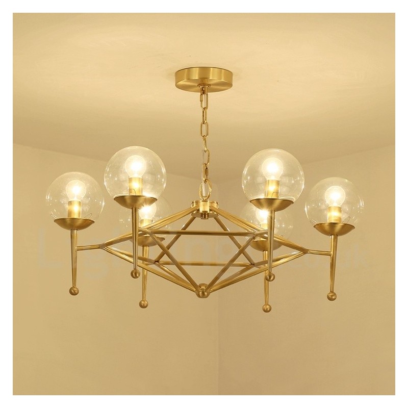 Lustre suspendu de luxe rustique rétro à 6 lumières en laiton avec abat-jour en verre