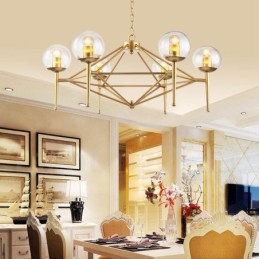 Lustre suspendu de luxe rustique rétro à 6 lumières en laiton avec abat-jour en verre