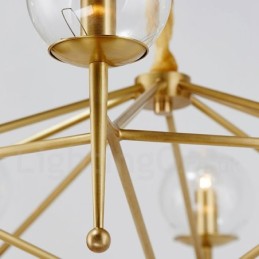 Lustre suspendu de luxe rustique rétro à 6 lumières en laiton avec abat-jour en verre