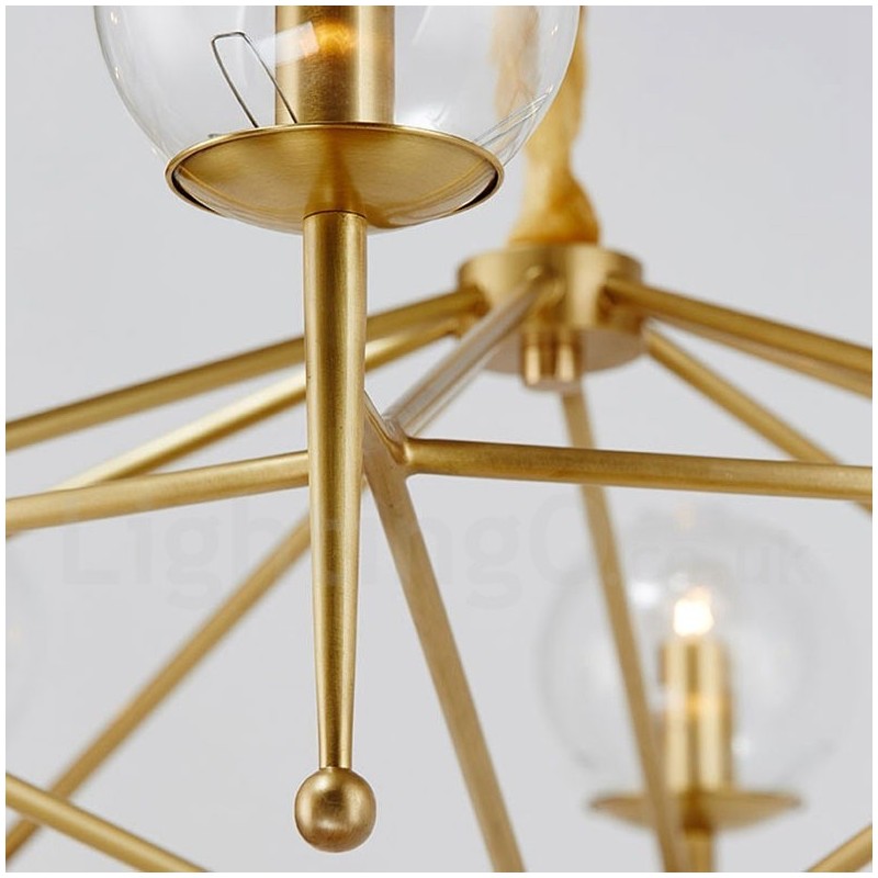 Lustre suspendu de luxe rustique rétro à 6 lumières en laiton avec abat-jour en verre