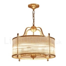 Lustre suspendu de luxe rustique rétro à 5 lumières en laiton avec abat-jour en verre