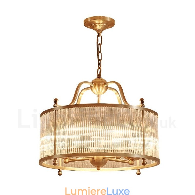 Lustre suspendu de luxe rustique rétro à 5 lumières en laiton avec abat-jour en verre