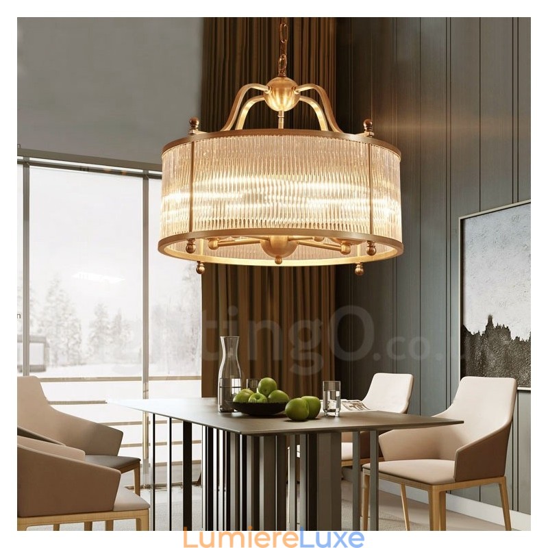 Lustre suspendu de luxe rustique rétro à 5 lumières en laiton avec abat-jour en verre