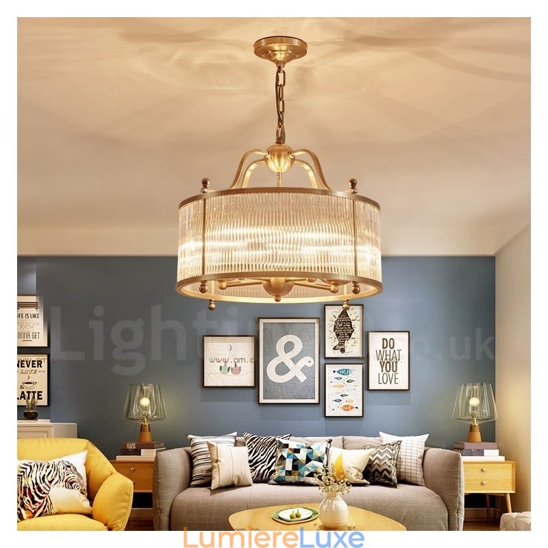 Lustre suspendu de luxe rustique rétro à 5 lumières en laiton avec abat-jour en verre