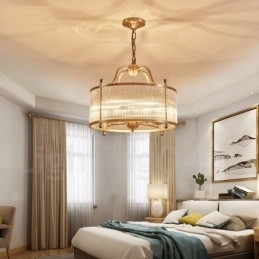 Lustre suspendu de luxe rustique rétro à 5 lumières en laiton avec abat-jour en verre