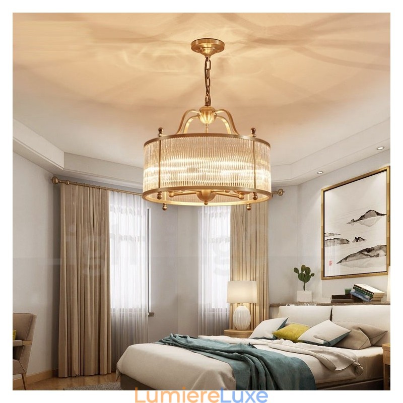 Lustre suspendu de luxe rustique rétro à 5 lumières en laiton avec abat-jour en verre