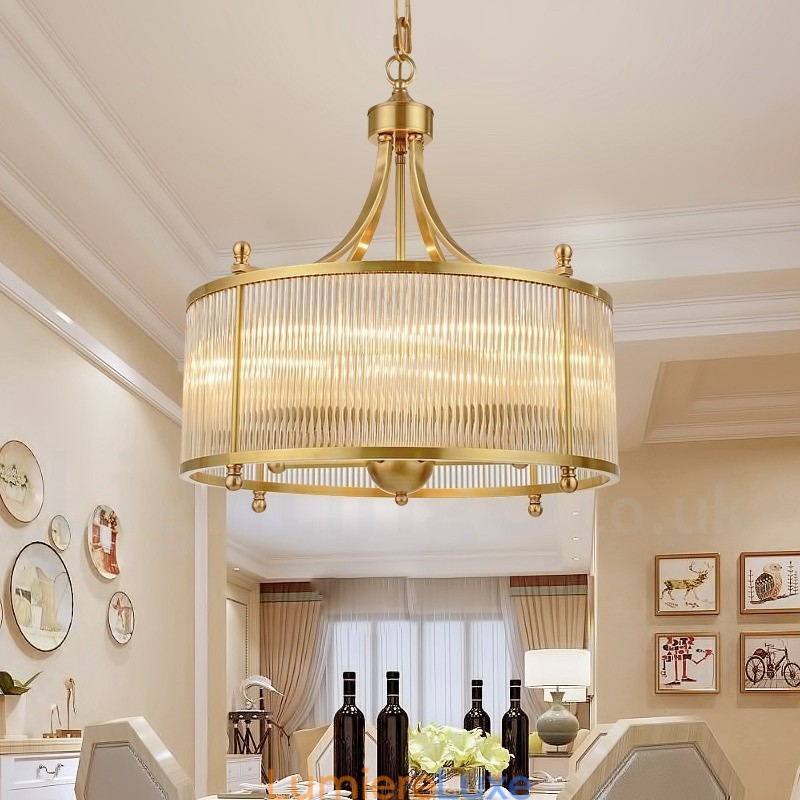 Lustre suspendu de luxe rustique rétro à 5 lumières en laiton avec abat-jour en verre