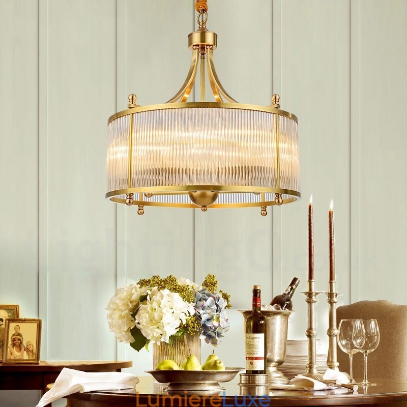 Lustre suspendu de luxe rustique rétro à 5 lumières en laiton avec abat-jour en verre