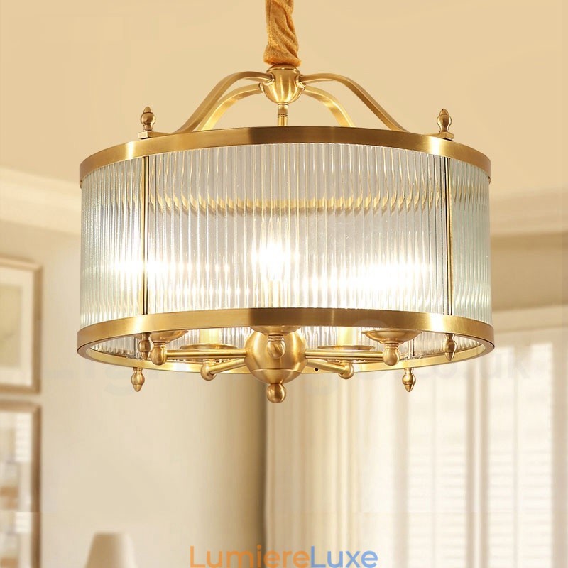 Lustre suspendu de luxe rustique rétro à 5 lumières en laiton avec abat-jour en verre