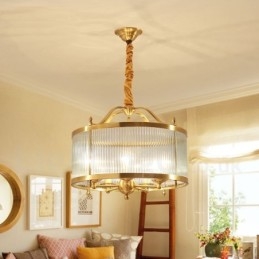 Lustre suspendu de luxe rustique rétro à 5 lumières en laiton avec abat-jour en verre