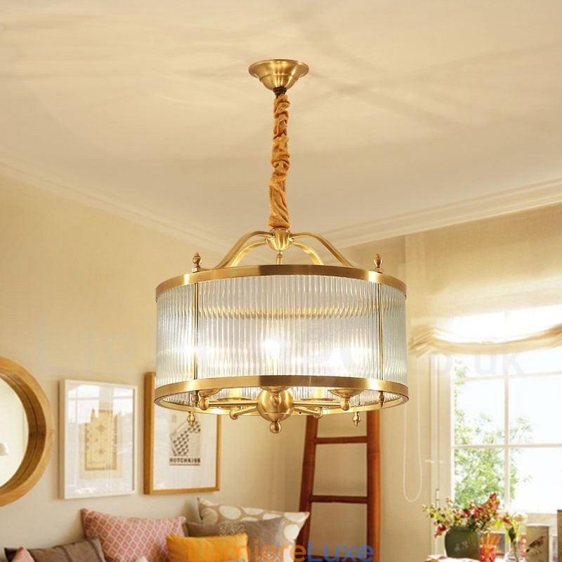 Lustre suspendu de luxe rustique rétro à 5 lumières en laiton avec abat-jour en verre