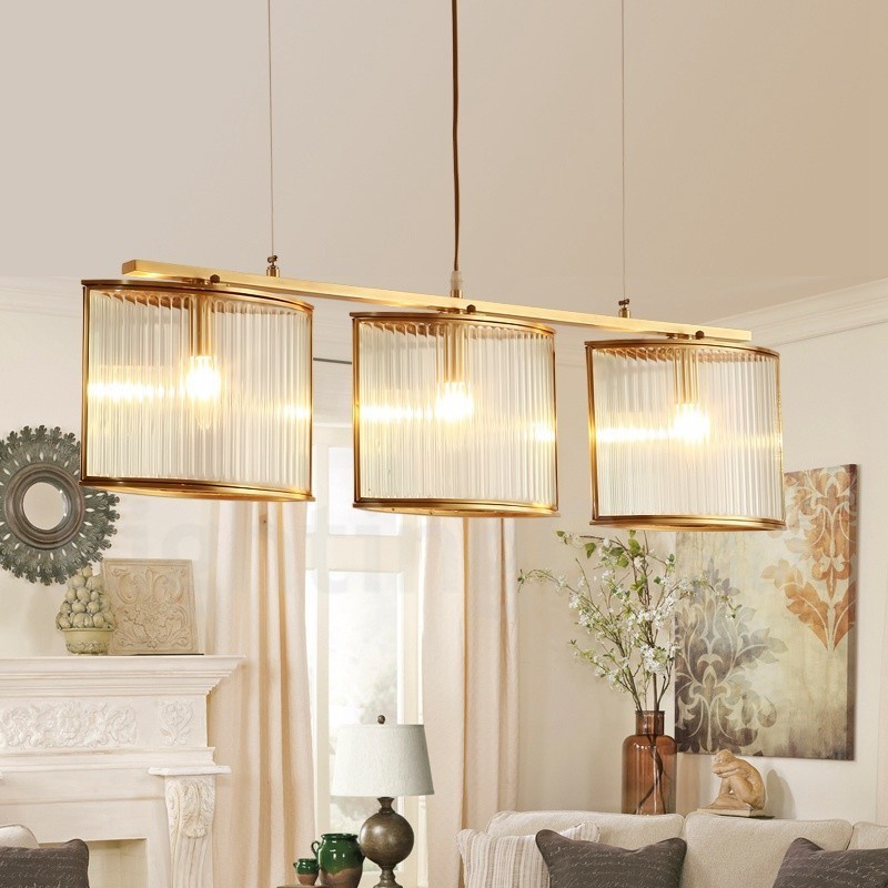 Lustre suspendu de luxe rustique rétro à 3 lumières en laiton avec abat-jour en verre