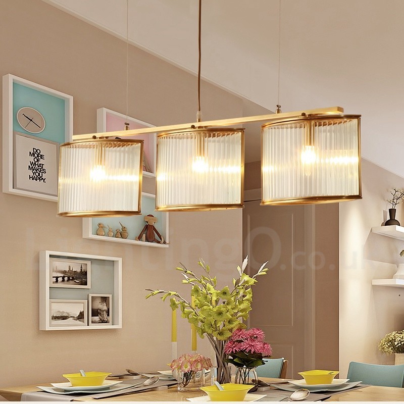 Lustre suspendu de luxe rustique rétro à 3 lumières en laiton avec abat-jour en verre