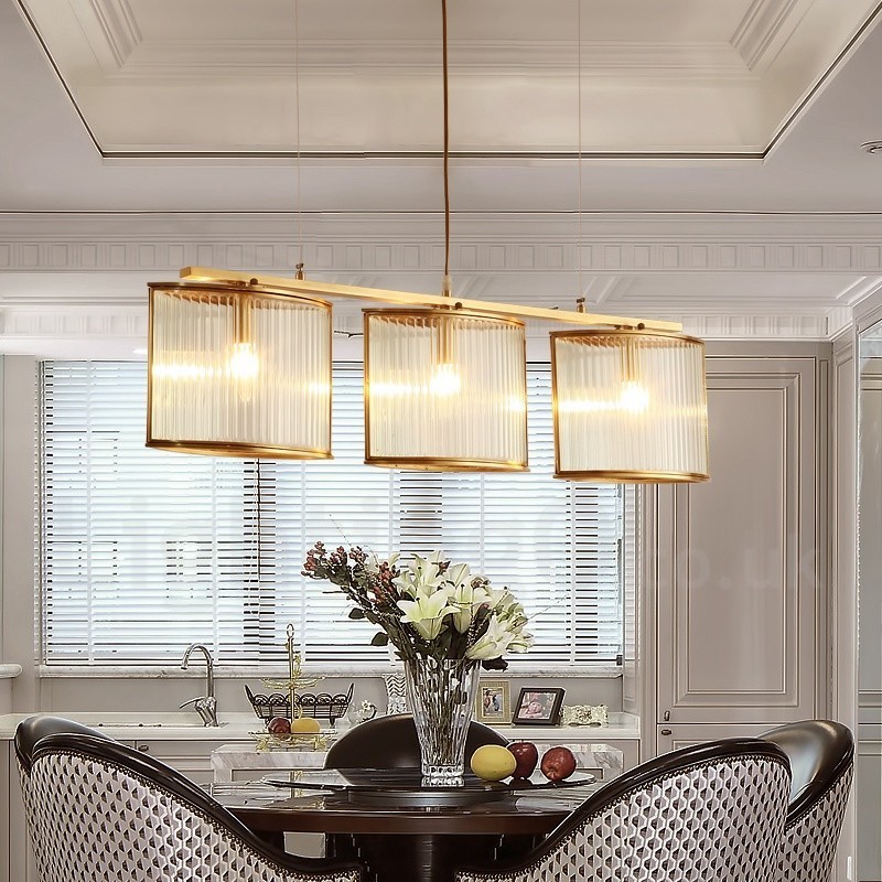Lustre suspendu de luxe rustique rétro à 3 lumières en laiton avec abat-jour en verre