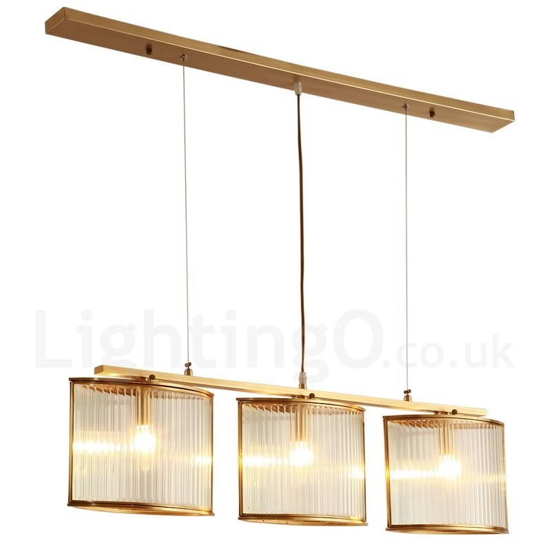 Lustre suspendu de luxe rustique rétro à 3 lumières en laiton avec abat-jour en verre