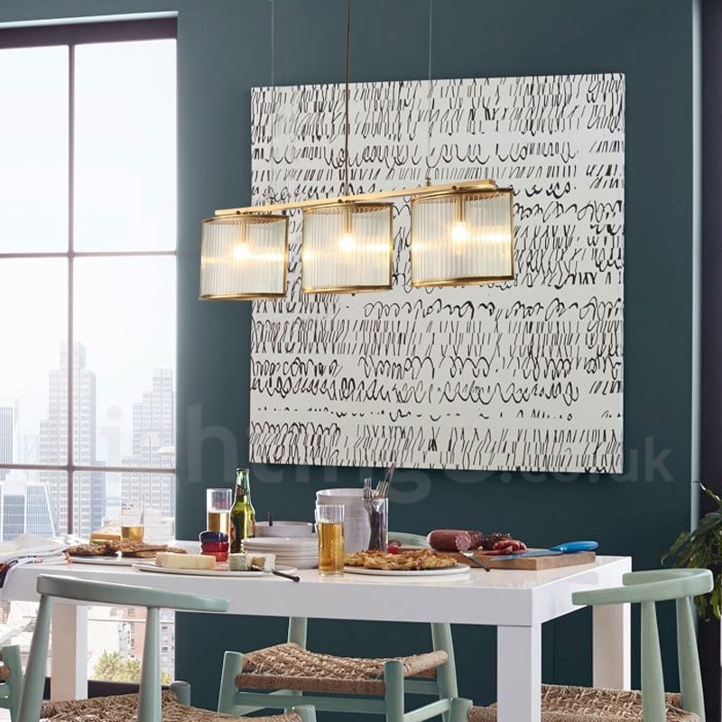Lustre suspendu de luxe rustique rétro à 3 lumières en laiton avec abat-jour en verre