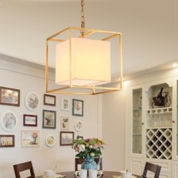 Lustre suspendu de luxe rustique rétro à 1 lumière en laiton avec abat-jour en tissu