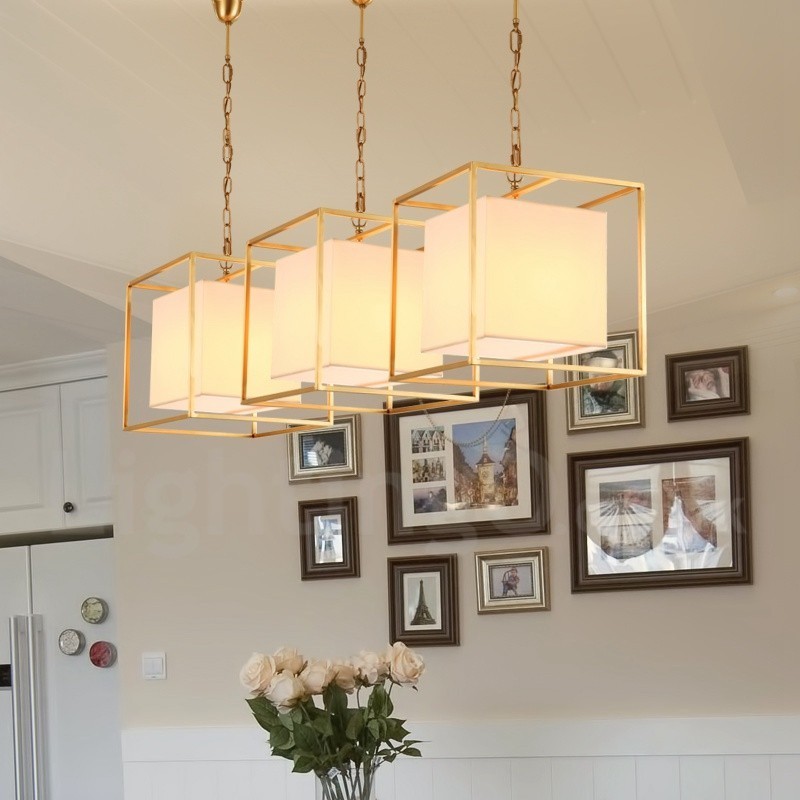 Lustre suspendu de luxe rustique rétro à 1 lumière en laiton avec abat-jour en tissu