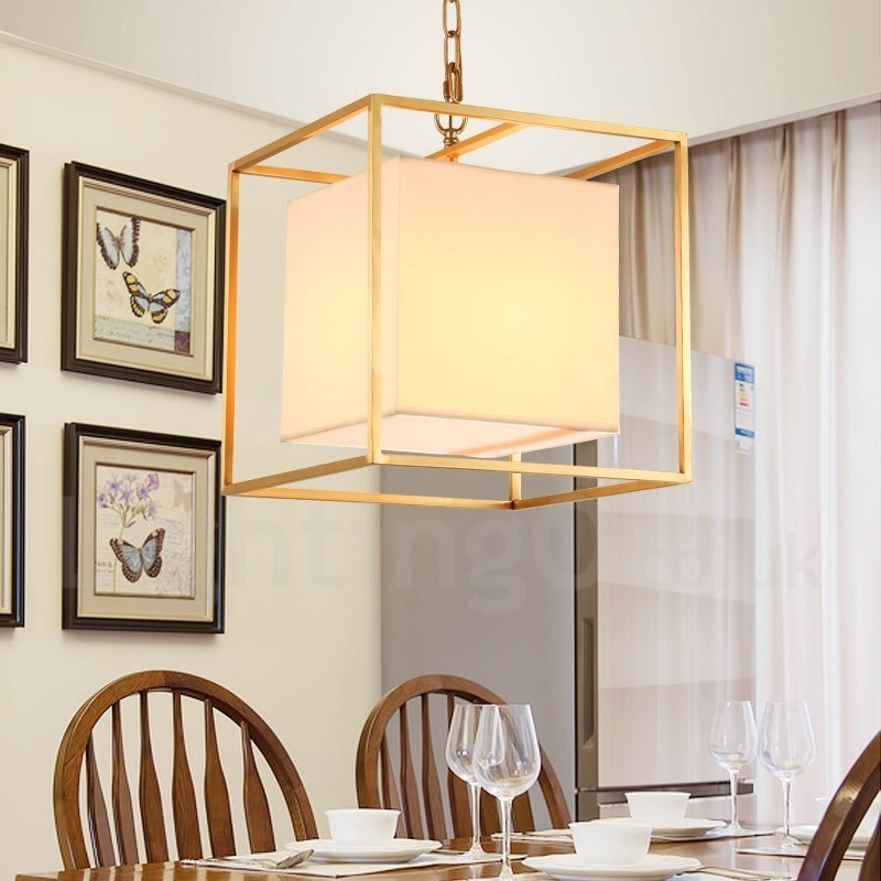 Lustre suspendu de luxe rustique rétro à 1 lumière en laiton avec abat-jour en tissu
