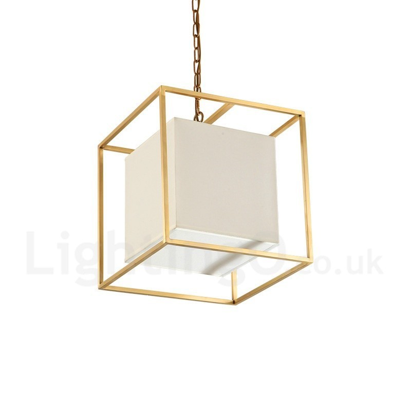 Lustre suspendu de luxe rustique rétro à 1 lumière en laiton avec abat-jour en tissu
