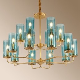 Lustre suspendu de luxe rustique rétro à 16 lumières en laiton avec abat-jour en verre