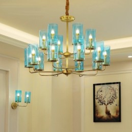 Lustre suspendu de luxe rustique rétro à 16 lumières en laiton avec abat-jour en verre